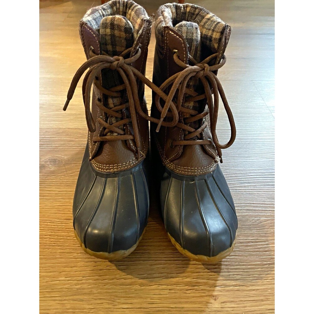 Sporto Genuine Leather Duck Boots Brown/Black Plaid Preppy Lace-Up US 7
